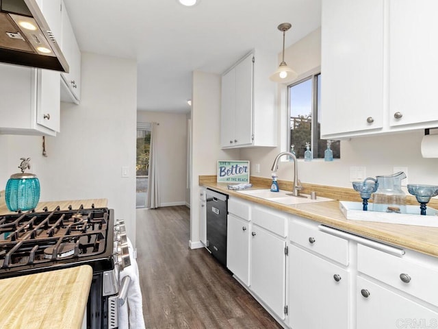 kitchen featuring dishwashing machine, under cabinet range hood, a sink, white cabinets, and stainless steel gas range