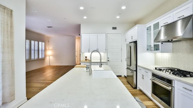 kitchen with under cabinet range hood, stainless steel appliances, a sink, white cabinets, and light countertops