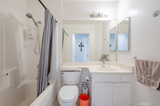 bathroom with shower / bathtub combination with curtain, toilet, and vanity