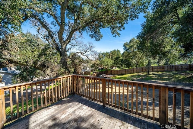 deck with a yard and a fenced backyard