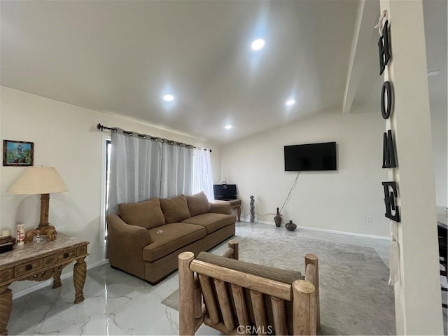 living area with lofted ceiling, marble finish floor, baseboards, and recessed lighting