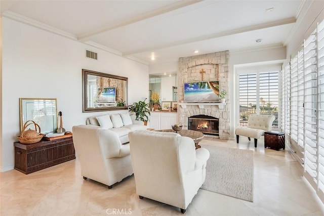 living area with baseboards, visible vents, crown molding, a stone fireplace, and beam ceiling