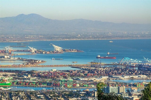 bird's eye view with a water and mountain view