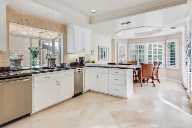 kitchen with stainless steel dishwasher, ornamental molding, a peninsula, a tray ceiling, and a sink
