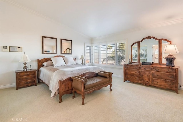 bedroom with lofted ceiling, light colored carpet, crown molding, and baseboards