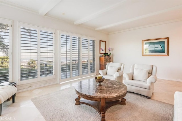 living room featuring ornamental molding and beam ceiling