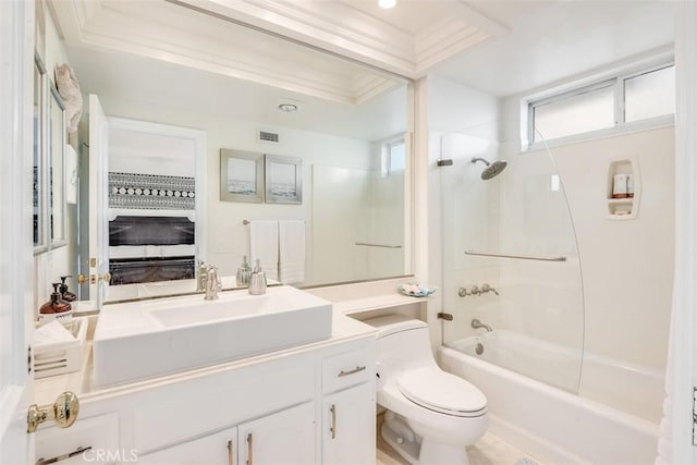 bathroom featuring shower / washtub combination, crown molding, visible vents, toilet, and vanity