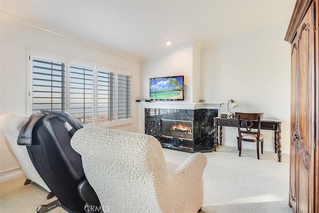 carpeted office space with baseboards, recessed lighting, a fireplace, and crown molding