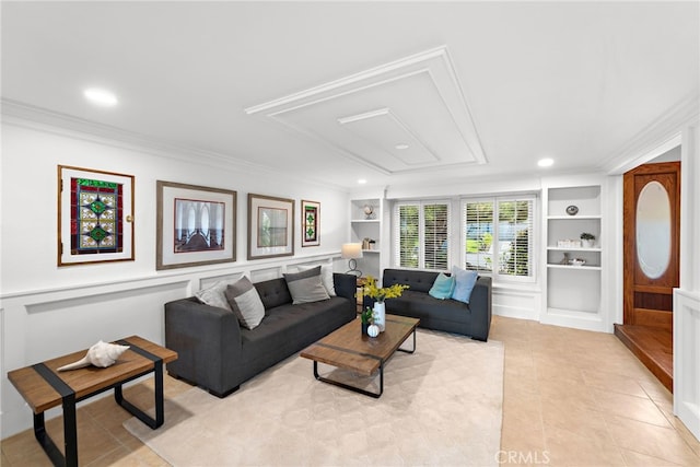 living area with built in features, ornamental molding, and light tile patterned flooring