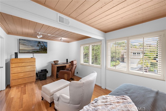 home office featuring visible vents, wood ceiling, light wood-type flooring, and track lighting