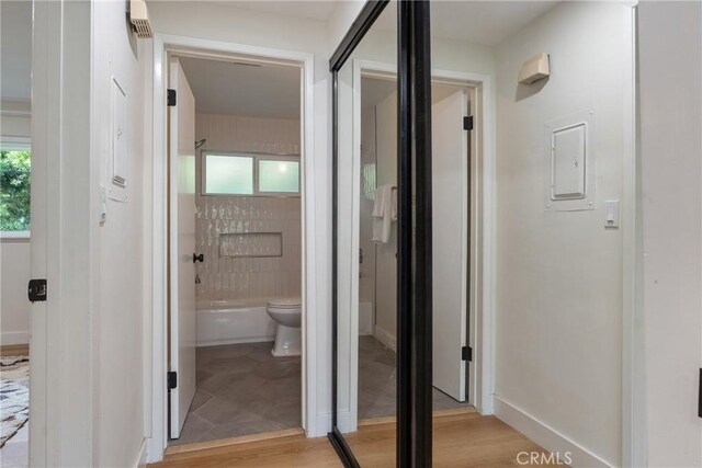 hall with electric panel, a wealth of natural light, and light wood-style floors