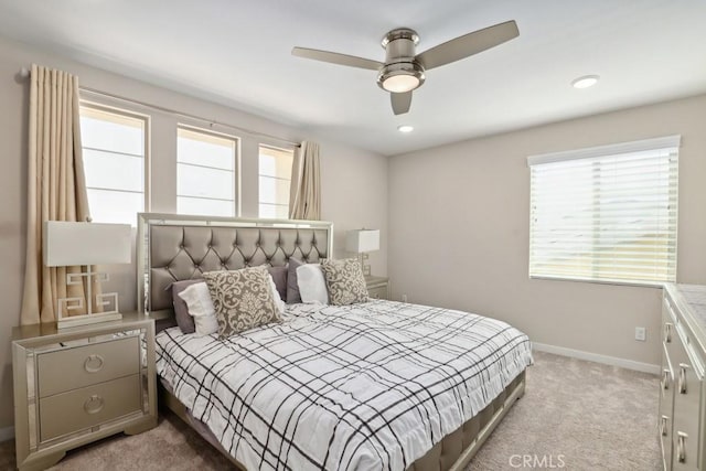 carpeted bedroom with recessed lighting, baseboards, and a ceiling fan