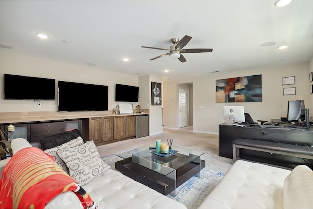 living area with recessed lighting, baseboards, light carpet, and ceiling fan