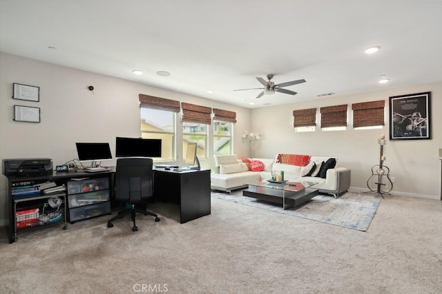 home office featuring baseboards, recessed lighting, a ceiling fan, and carpet