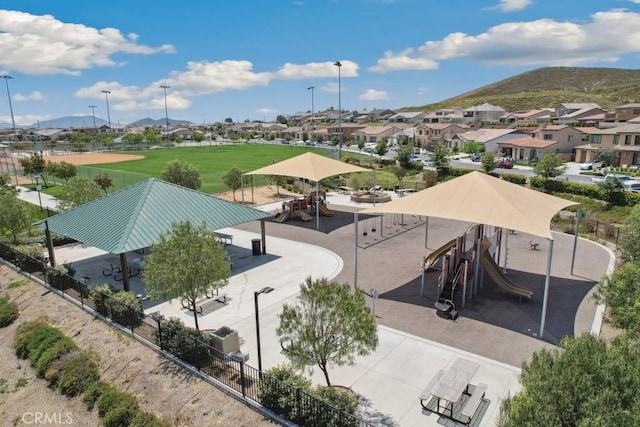 aerial view with a mountain view and a residential view