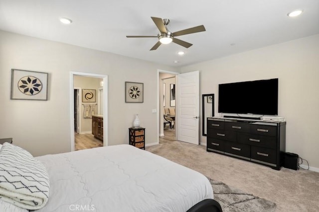 bedroom with ceiling fan, recessed lighting, baseboards, and light carpet