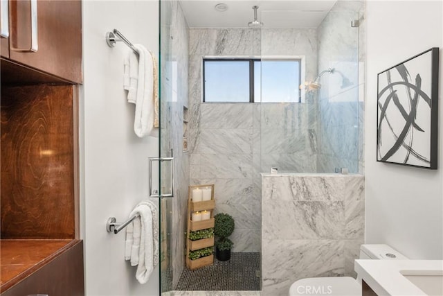 bathroom featuring vanity, toilet, and walk in shower