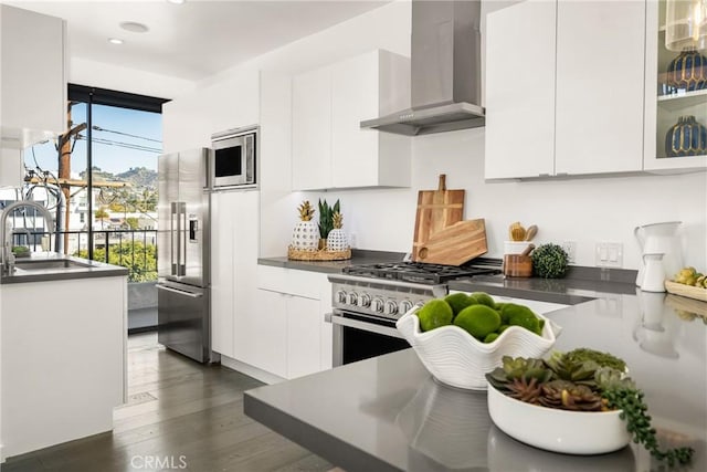 kitchen with white cabinetry, high end appliances, wall chimney exhaust hood, and a sink