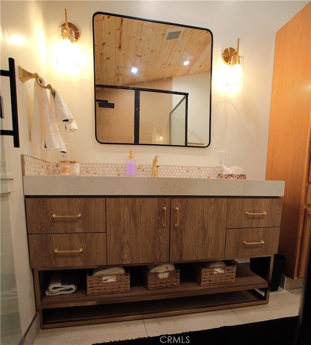 bathroom featuring visible vents, a shower, wooden ceiling, vanity, and recessed lighting