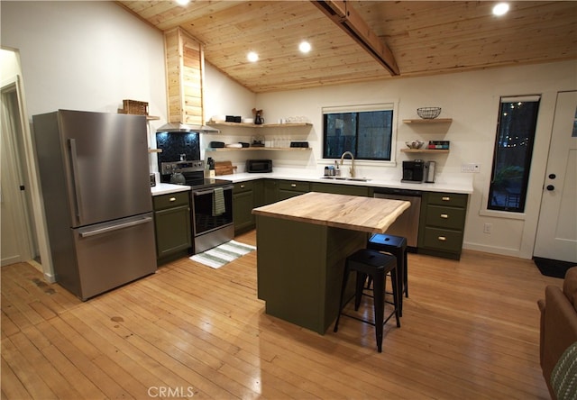 kitchen with open shelves, stainless steel appliances, wooden counters, wood ceiling, and a sink