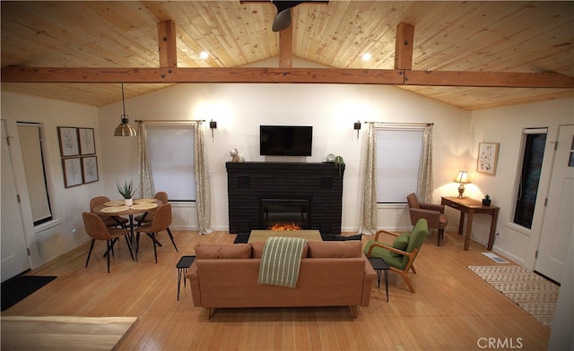 living room featuring wood ceiling, light wood-style flooring, and lofted ceiling with beams