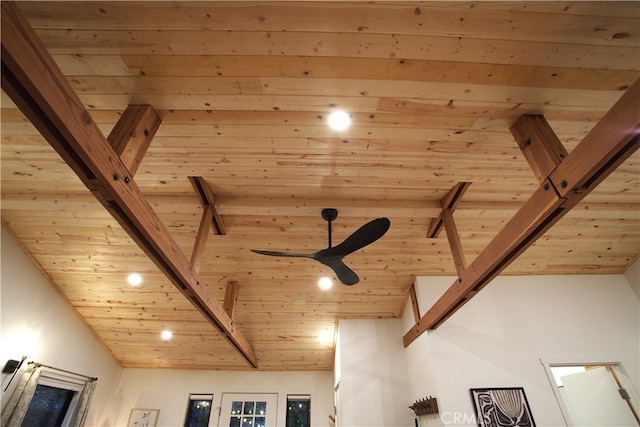 interior details with wooden ceiling, a ceiling fan, and beamed ceiling