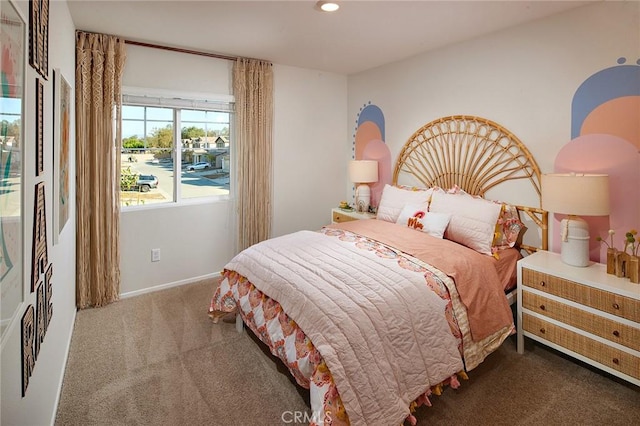 bedroom with baseboards, carpet floors, and recessed lighting