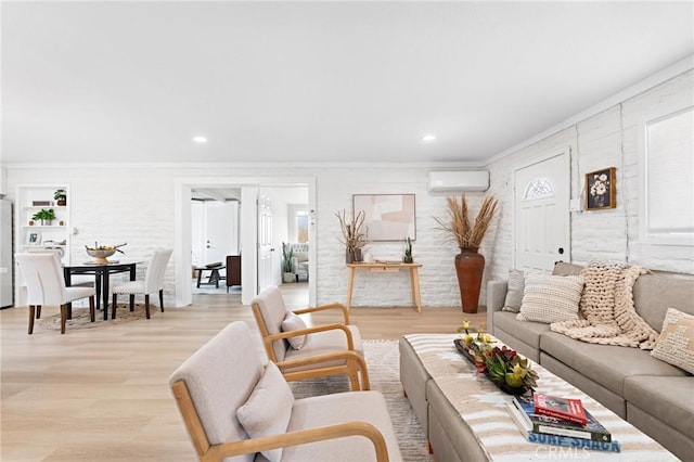 56622 Handley Rd, Yucca Valley, CA 92284 - living area with a wall mounted air conditioner, light wood finished floors, crown molding, and recessed lighting