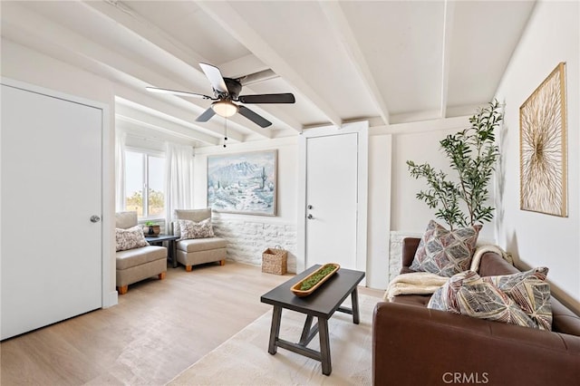 56622 Handley Rd, Yucca Valley, CA 92284 - living area featuring beamed ceiling, ceiling fan, and light wood-style flooring