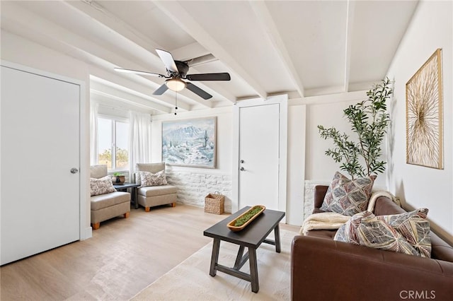 56622 Handley Rd, Yucca Valley, CA 92284 - living area with beamed ceiling, a ceiling fan, and light wood finished floors