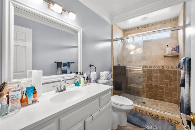 full bath with toilet, ornamental molding, a shower stall, and vanity