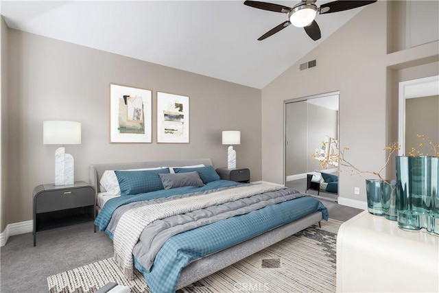 bedroom featuring carpet flooring, a ceiling fan, visible vents, baseboards, and a closet