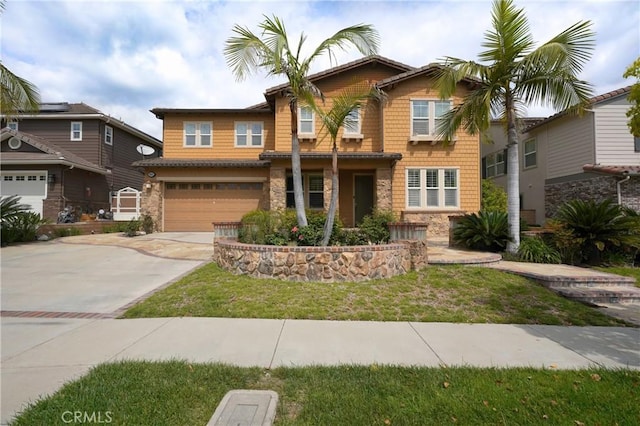 craftsman house featuring stone siding, an attached garage, and concrete driveway