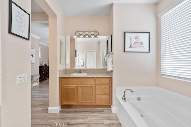 bathroom with a garden tub, wood finished floors, and vanity