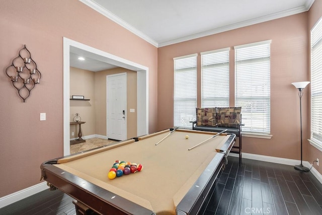 rec room with baseboards, billiards, dark wood finished floors, and crown molding