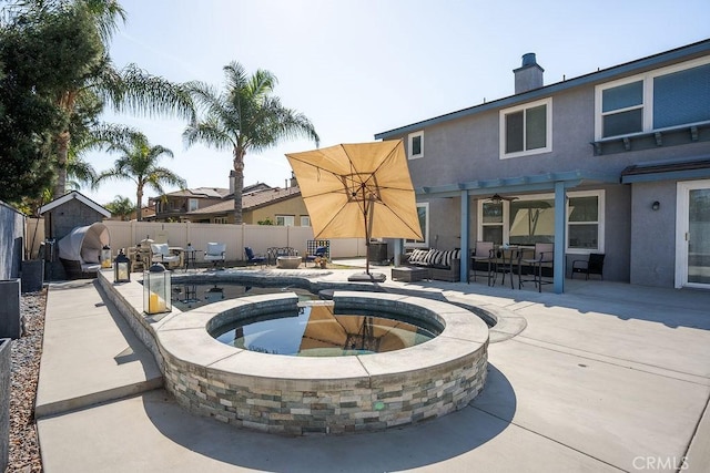 view of pool with a fenced backyard, a fenced in pool, and a patio