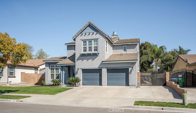 view of front facade with a garage, fence, driveway, and a gate