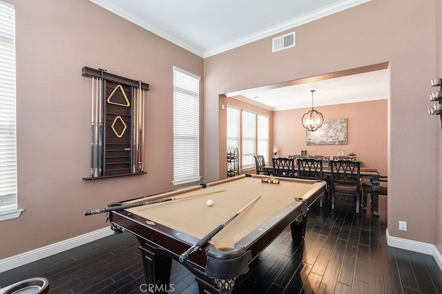 recreation room with visible vents, crown molding, baseboards, wood tiled floor, and billiards