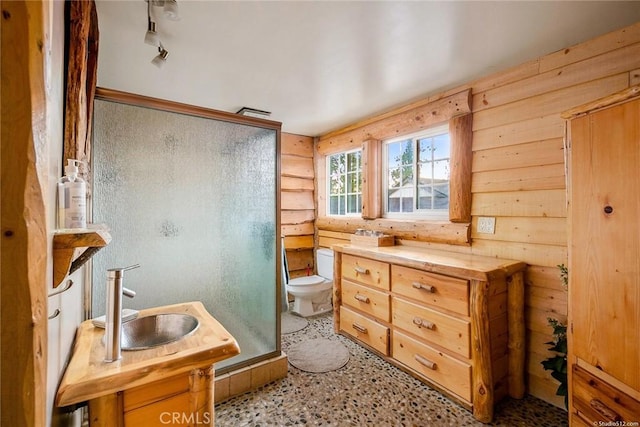 full bathroom with toilet, a shower stall, and vanity