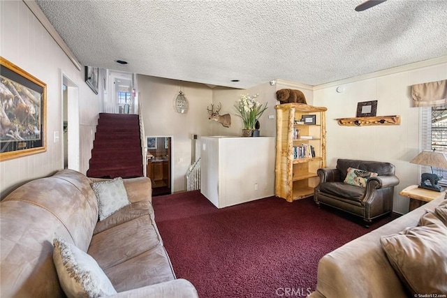 living room featuring radiator, carpet, and a textured ceiling