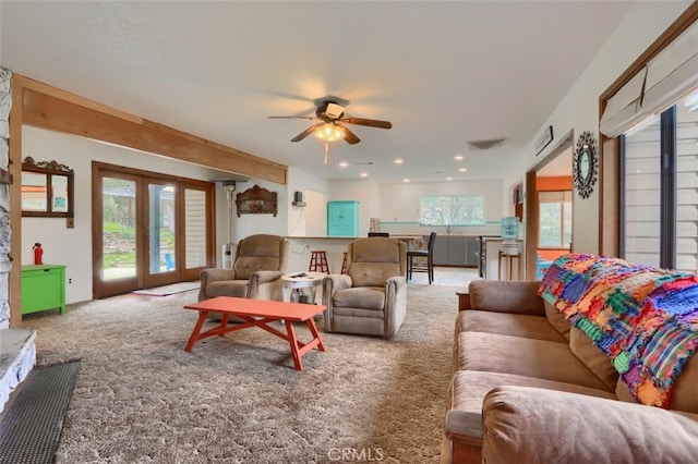 living room featuring visible vents, ceiling fan, carpet flooring, french doors, and recessed lighting