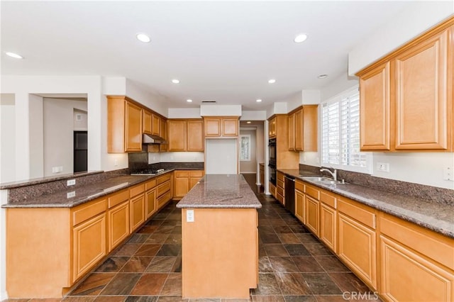 kitchen featuring recessed lighting, appliances with stainless steel finishes, a kitchen island, dark stone counters, and under cabinet range hood