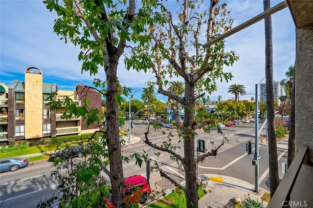 view of road with curbs, sidewalks, and street lights