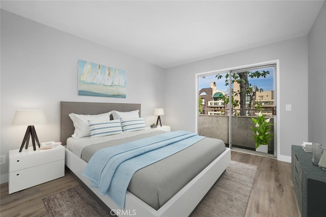 bedroom with light wood-type flooring, access to outside, and baseboards