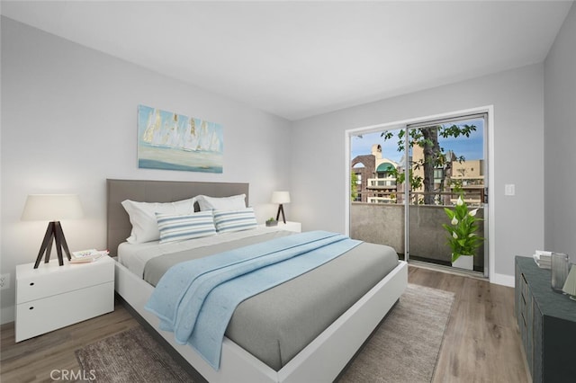 bedroom with light wood finished floors, access to exterior, and baseboards