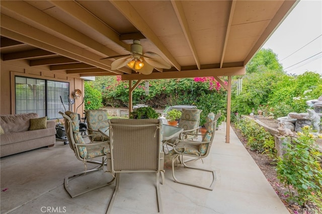 view of patio / terrace with outdoor lounge area, outdoor dining space, and a ceiling fan