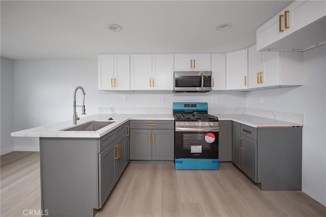 kitchen featuring gray cabinets, appliances with stainless steel finishes, white cabinets, a sink, and a peninsula