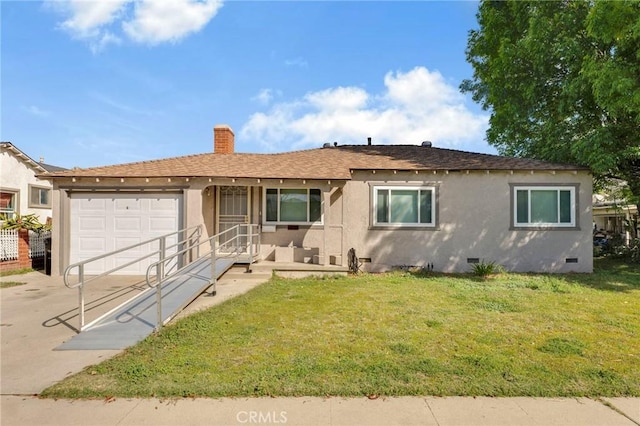 ranch-style house featuring stucco siding, concrete driveway, a front yard, crawl space, and a garage