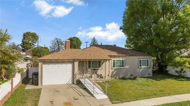 ranch-style house with fence, driveway, crawl space, stucco siding, and a front yard