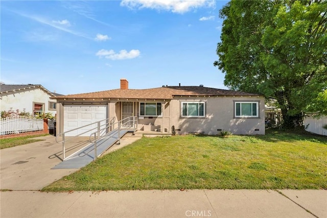 ranch-style house featuring driveway, crawl space, an attached garage, and stucco siding